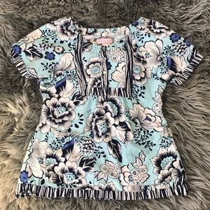 KOI Scrub Top - M - Navy, White & Teal - CUTE!